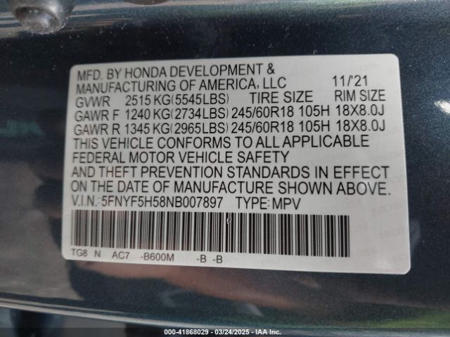 5FNYF5H58NB007897 Honda Pilot 2wd Ex-l