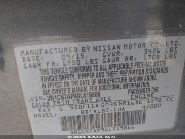 3N1CN7AP9GL819866 Nissan Versa