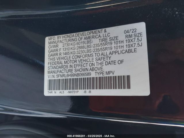5FNRL6H99NB066589 Honda Odyssey Elite