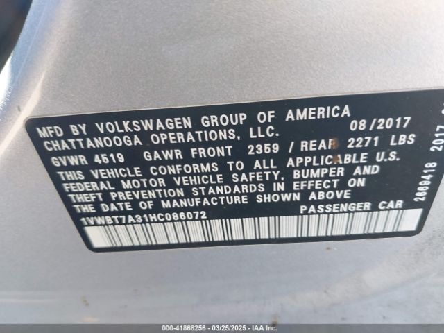 1VWBT7A31HC086072 Volkswagen Passat 1.8t Se