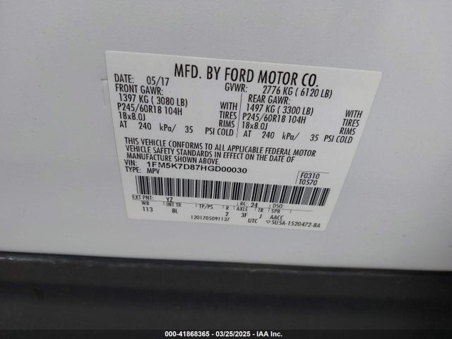 1FM5K7D87HGD00030 Ford EXPLORER XLT