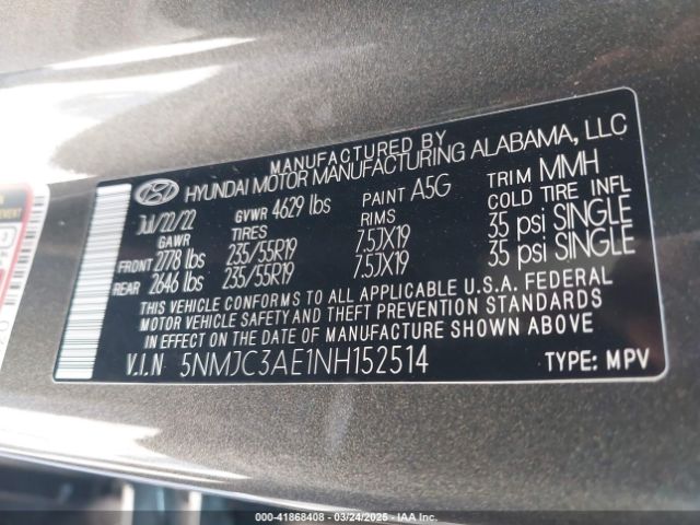 5NMJC3AE1NH152514 Hyundai TUCSON SEL