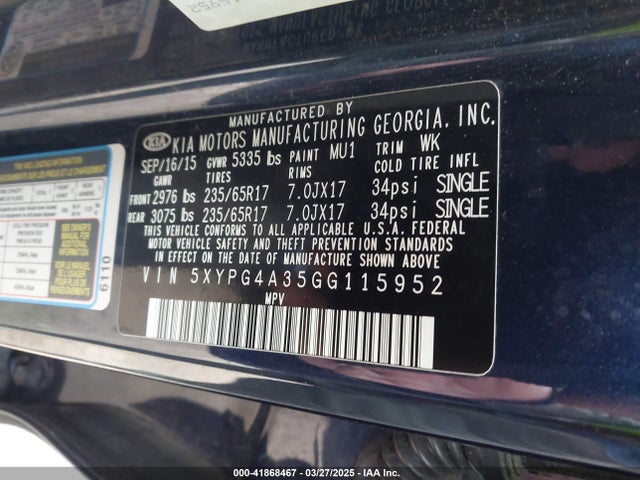 5XYPG4A35GG115952 KIA Sorento 2.4l Lx
