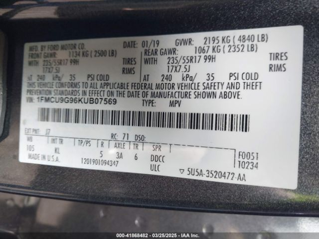 1FMCU9G96KUB07569 Ford ESCAPE SE