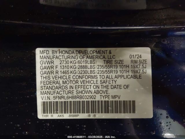 5FNRL6H88RB032902 Honda Odyssey Touring