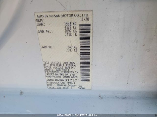 1N4BL4DV8MN317374 Nissan Altima Sv Fwd