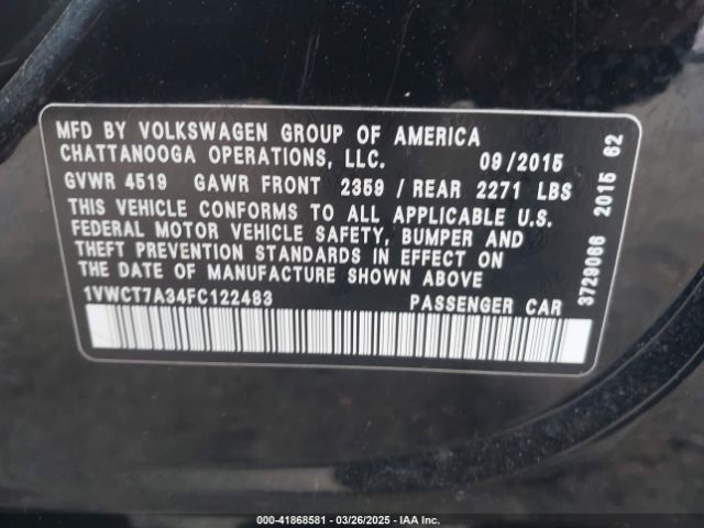 1VWCT7A34FC122483 Volkswagen Passat 1.8t Sel Premium