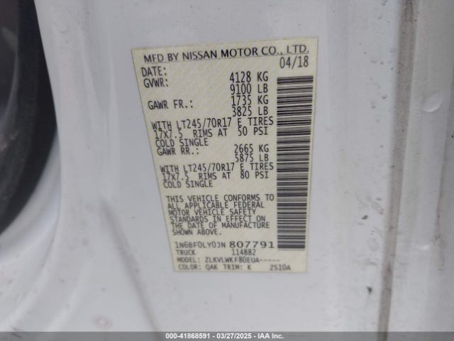 1N6BF0LY0JN807791 Nissan Nv Cargo Nv2500 Hd S V6