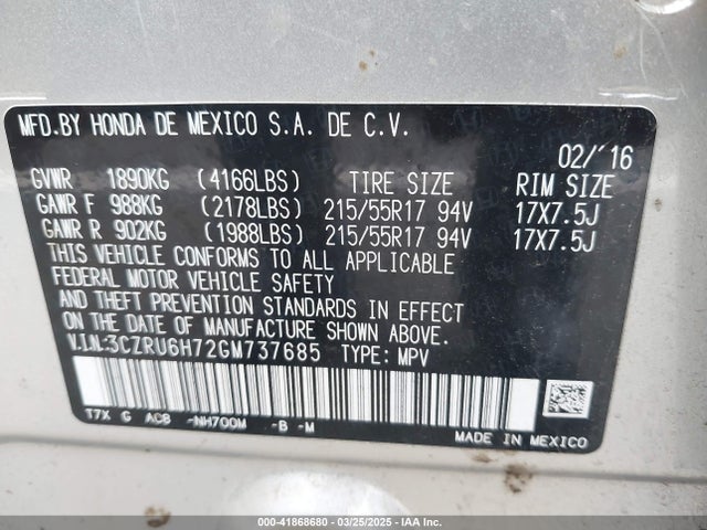 3CZRU6H72GM737685 Honda Hr-v Ex-l
