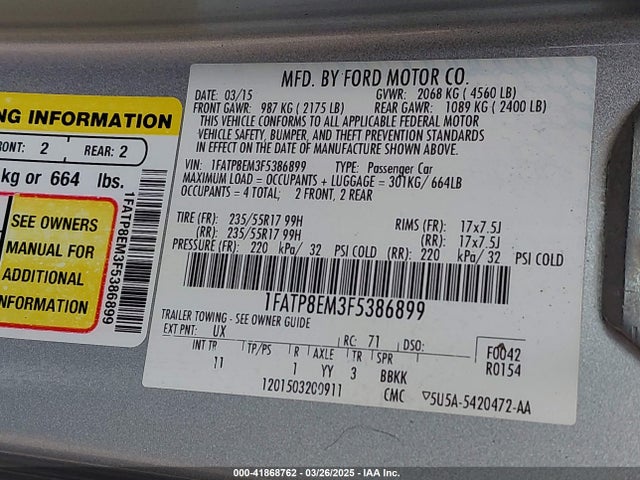 1FATP8EM3F5386899 Ford Mustang V6