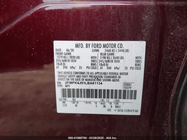 2FMPK4J91LBA81134 Ford EDGE SEL