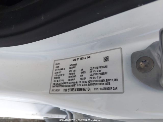 5YJ3E1EA1MF997104 Tesla Model 3 Standard Range Plus Rear-wheel Drive