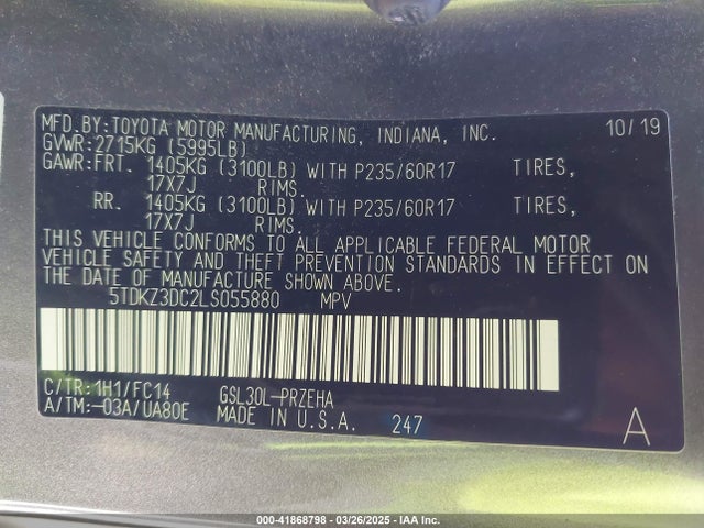 2020 Toyota Sienna Le მანქანა იყიდება აუქციონზე, vin: 5TDKZ3DC2LS055880, აუქციონის ნომერი: 41868798