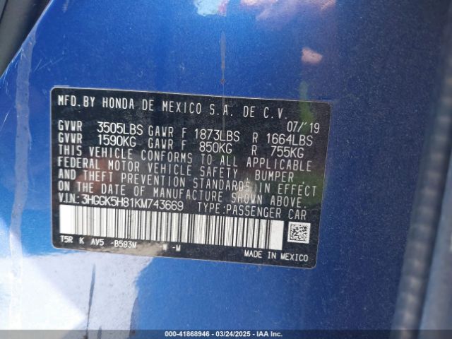 2019 HONDA FIT 3HGGK5H81KM743669 Photo 8