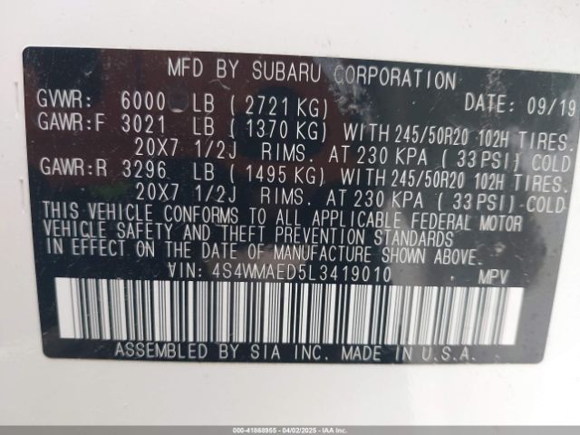 4S4WMAED5L3419010 Subaru Ascent Premium