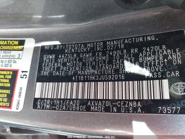 4T1B11HK3JU592016 Toyota CAMRY LE
