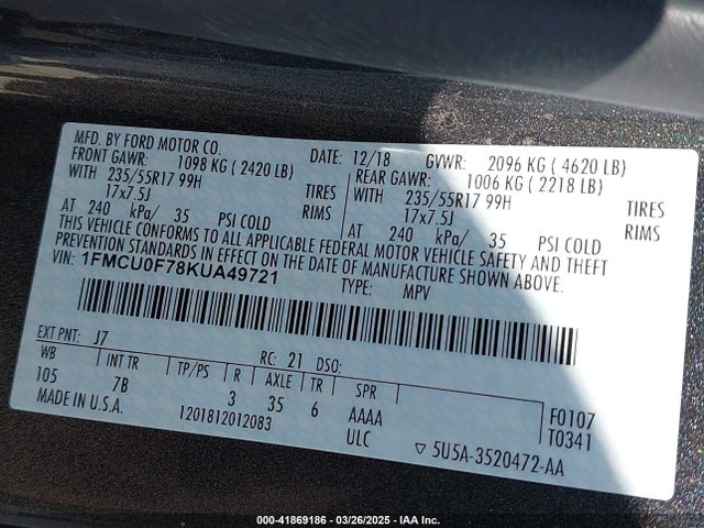 1FMCU0F78KUA49721 Ford ESCAPE S