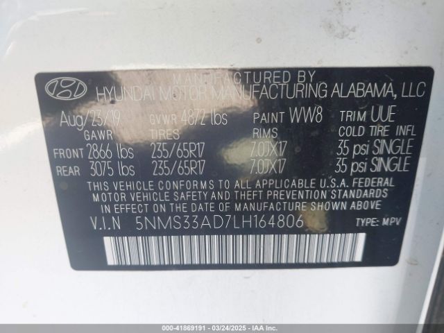 5NMS33AD7LH164806 Hyundai Santa Fe Sel