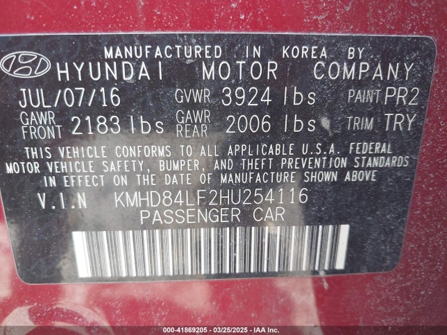 KMHD84LF2HU254116 Hyundai Elantra Value Edition