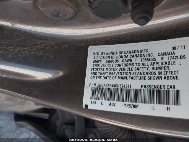 41869216 :رقم المزاد ، 2HGFB2F55CH524541 vin ، 2012 Honda Civic Lx مزاد بيع
