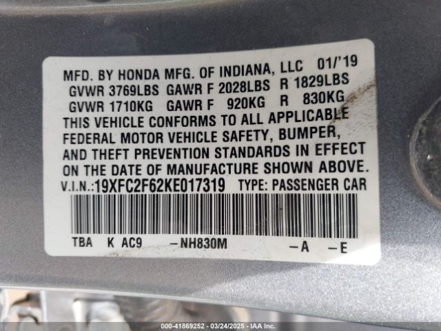 2019 HONDA CIVIC 19XFC2F62KE017319 Photo 8