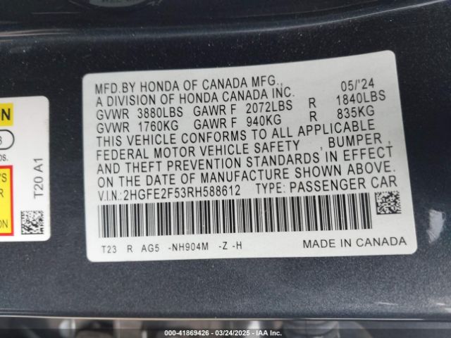 2HGFE2F53RH588612 Honda Civic Sport