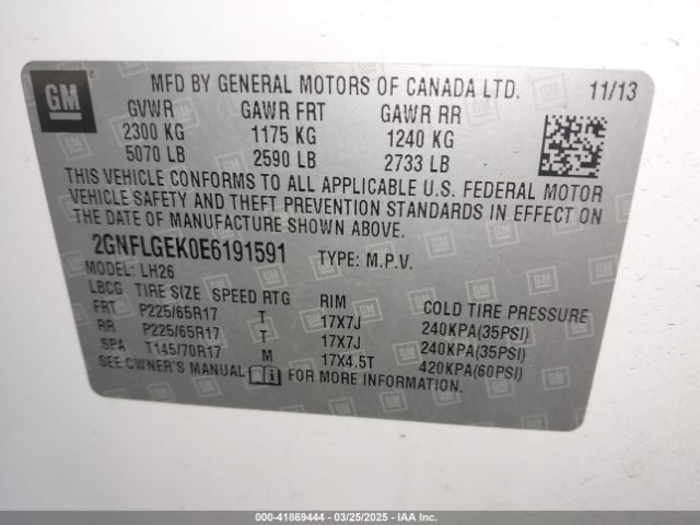 2GNFLGEK0E6191591 Chevrolet Equinox 2lt