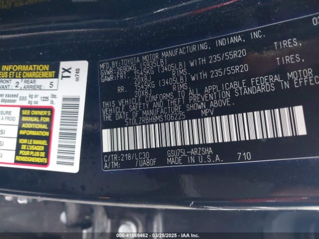 5TDLZRBH8MS106225 Toyota Highlander Xse