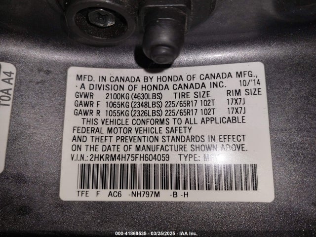 2HKRM4H75FH604059 Honda Cr-v Ex-l
