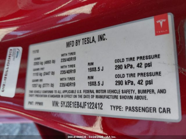 5YJ3E1EB4JF122412 Tesla Model 3 Long Range/performance