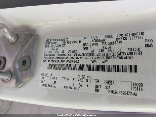 1FMCU9J90FUA67262 Ford Escape Titanium