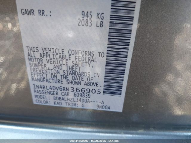1N4BL4DV6RN366905 Nissan Altima Sv Fwd