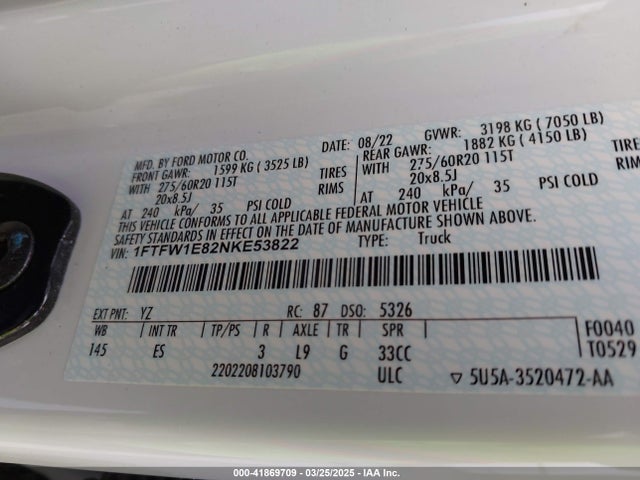 1FTFW1E82NKE53822 Ford F-150 Lariat