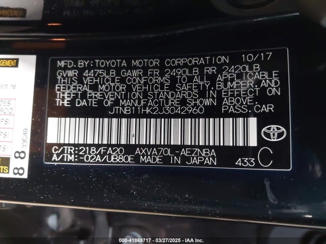 JTNB11HK2J3042960 Toyota CAMRY LE