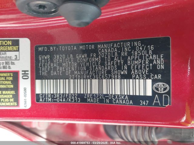 2T1BURHE3GC657988 Toyota Corolla L/le/le Pls/prm/s/s Pls