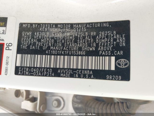 4T1BD1FK1FU153866 Toyota Camry Hybrid Le