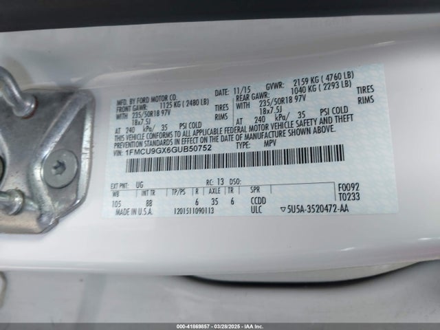 1FMCU9GX6GUB50752 Ford ESCAPE SE
