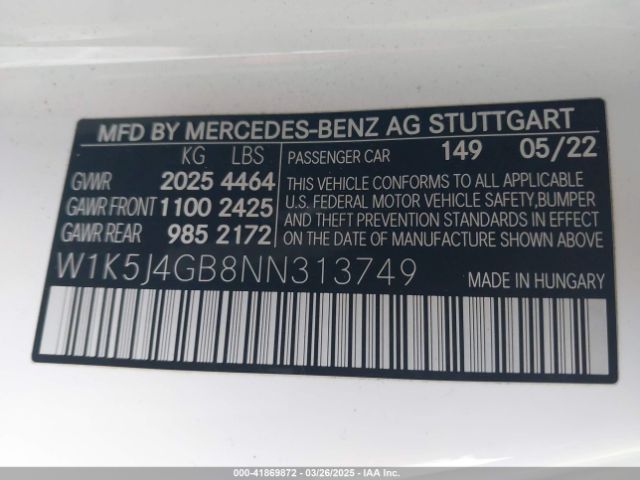W1K5J4GB8NN313749 Mercedes-Benz Cla 250 Coupe