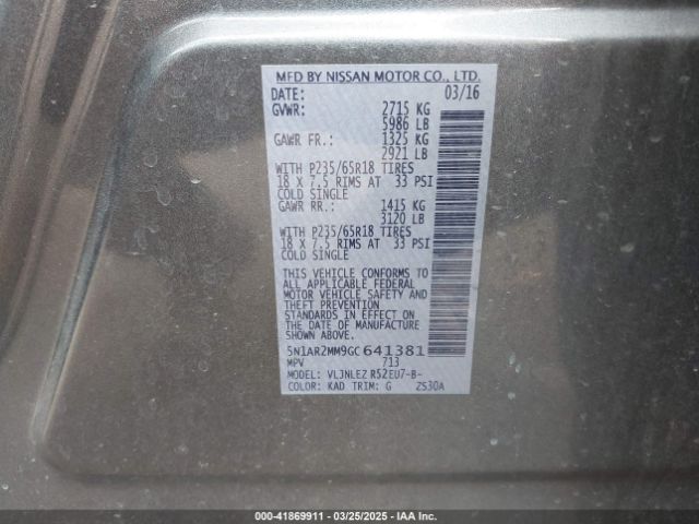 5N1AR2MM9GC641381 Nissan Pathfinder Sv