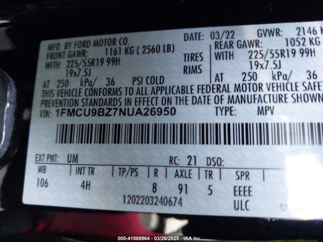 1FMCU9BZ7NUA26950 Ford Escape Se Hybrid