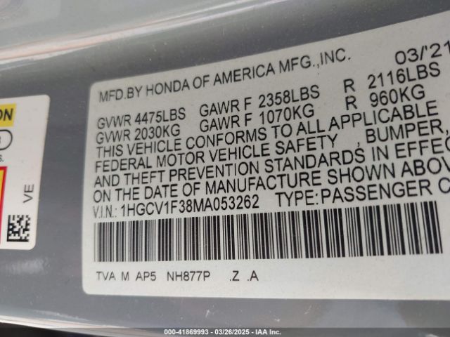 1HGCV1F38MA053262 Honda Accord Sport