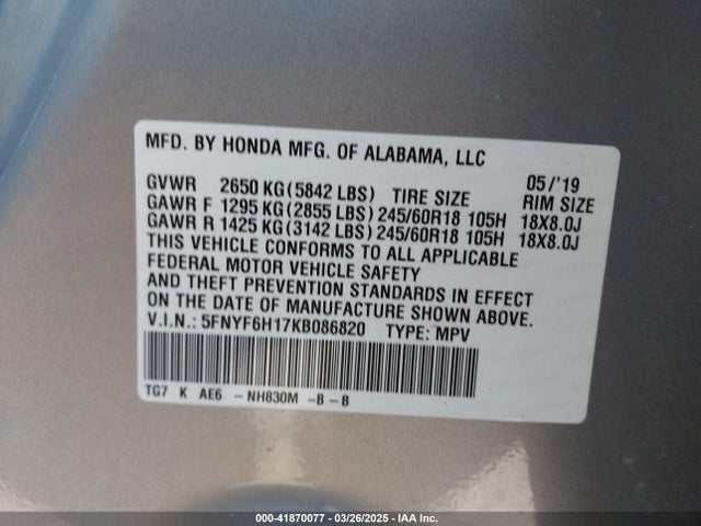 Honda PILOT LX 2019 5FNYF6H17KB086820 Image 9