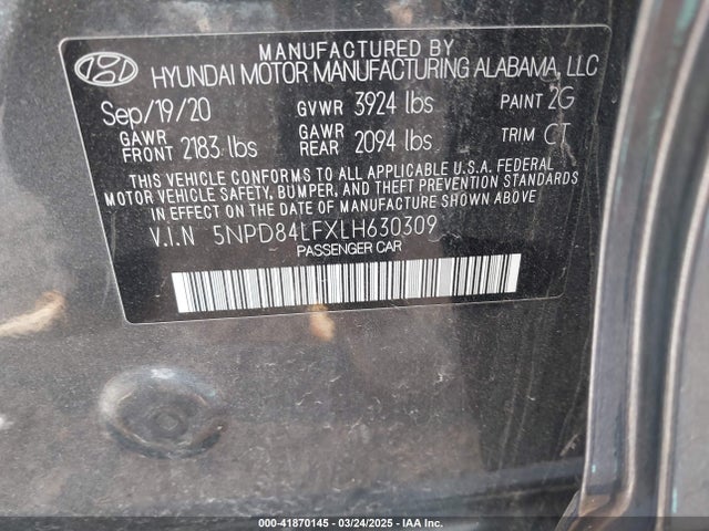 5NPD84LFXLH630309 Hyundai ELANTRA SEL