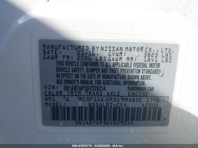 3N1AB7AP3GY229214 Nissan SENTRA S