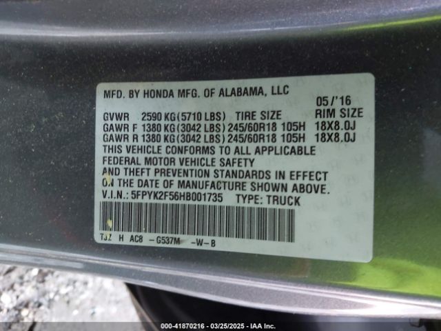 5FPYK2F56HB001735 Honda Ridgeline Rtl