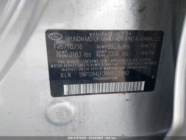 5NPD84LF3HH022980 Hyundai Elantra Limited
