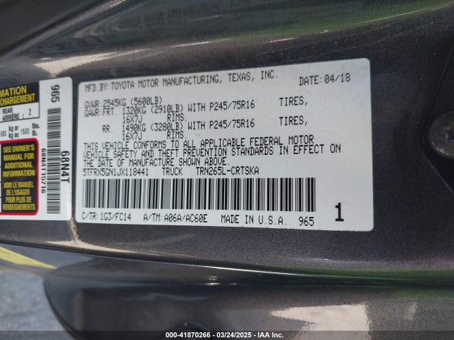 Toyota Tacoma Sr5 2018 5TFRX5GN1JX118441 Image 9