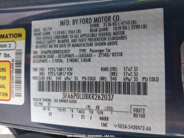 3FA6P0LU8KR262037 Ford Fusion Hybrid Se