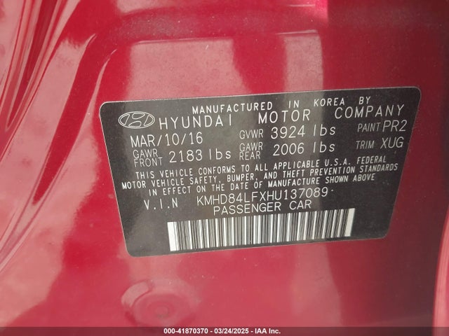 KMHD84LFXHU137089 Hyundai ELANTRA SE