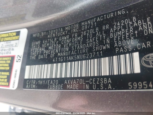 4T1G11AK5NU623711 Toyota CAMRY SE